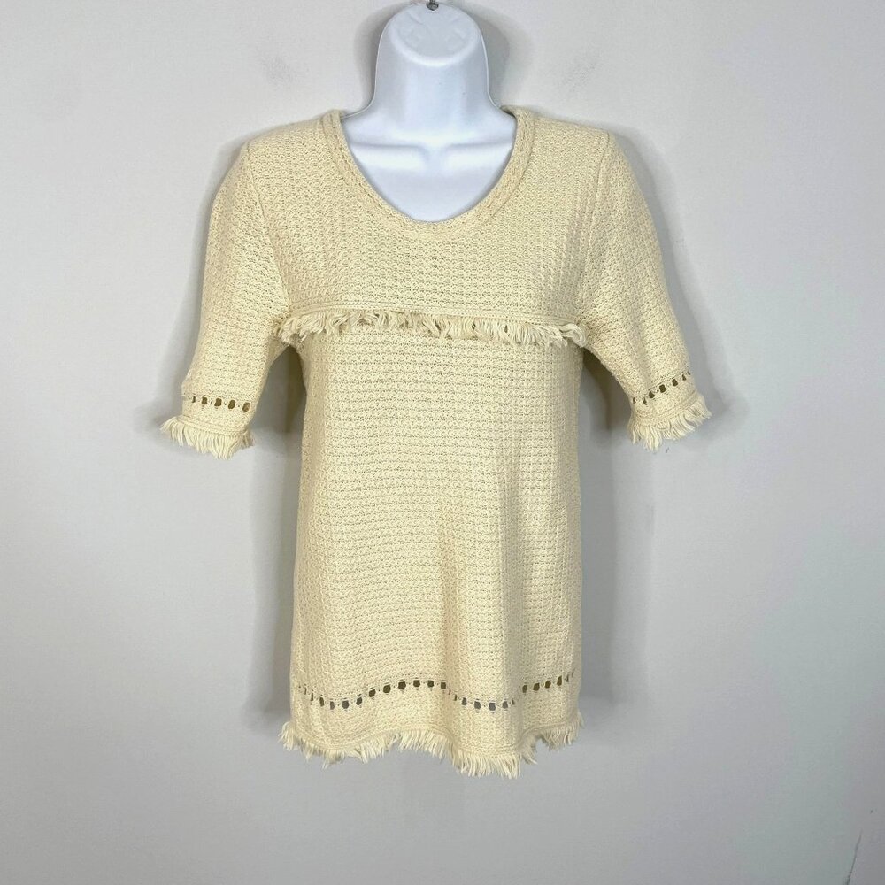 Two Bees Cashmere Womens Sweater M Ivory FRINGE Half Sleeve SOFT Cotton Blend